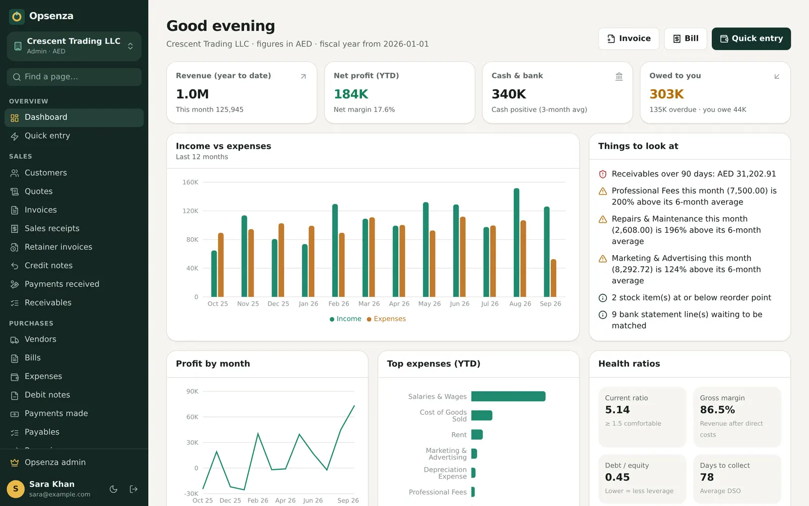 Opsenza dashboard with revenue, profit, cash and receivables