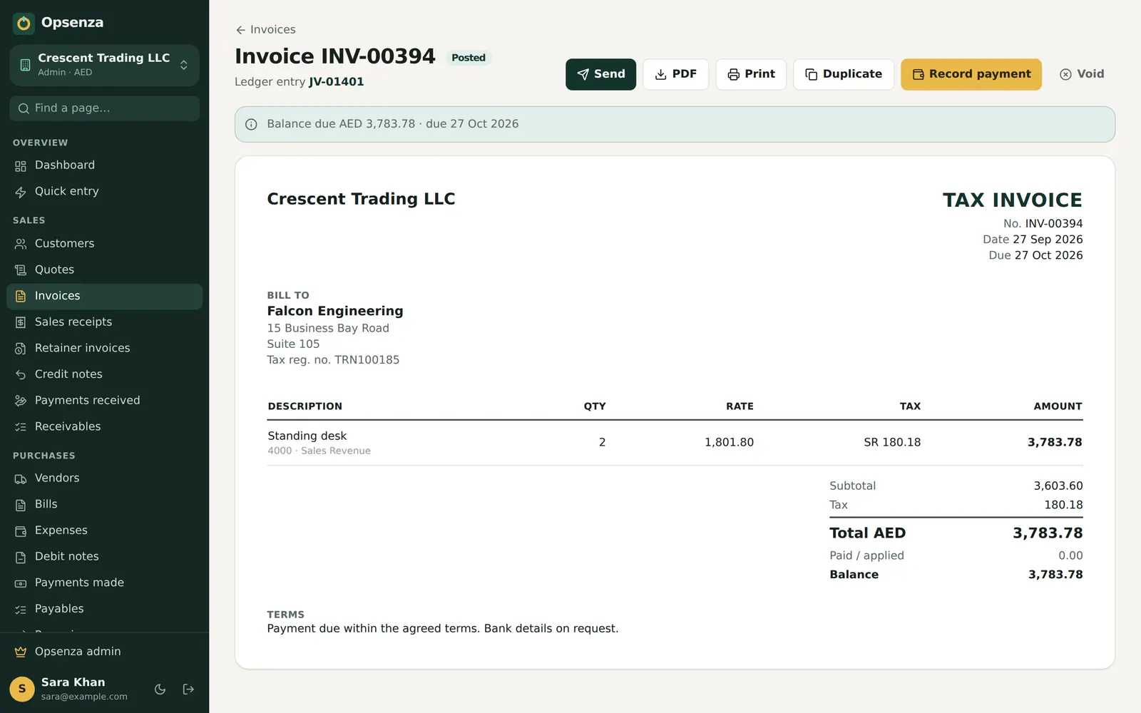 A tax invoice in Opsenza
